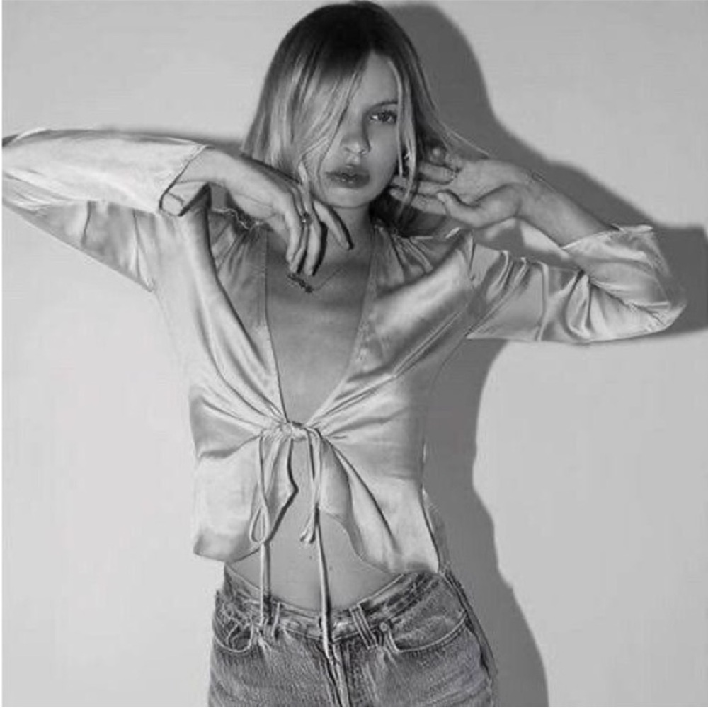 Silk Tie-Front Women's Bianca Top in Cream - Picture 4 of 9